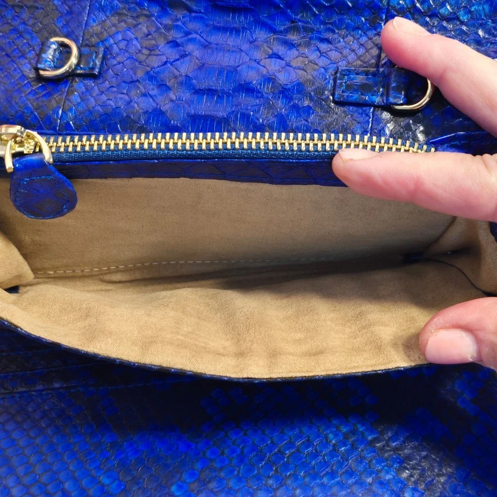 Electric Blue Snakeskin Python Trifold Wallet Gold Turn Lock Closure Luxury